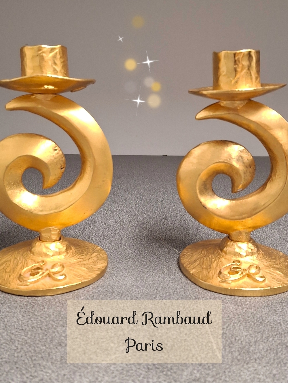 RARE Vintage Edouard Rambaud Paris Gold Tone Bronze Gilded Spiral Candle Holders
